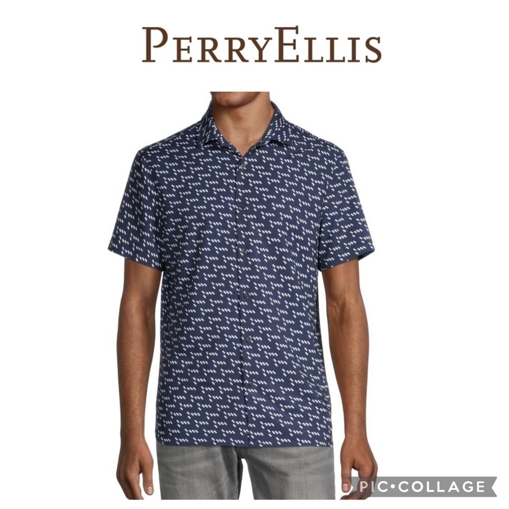 Perry Ellis stretch expandable collar short sleeve men shirt navy blue S NWT